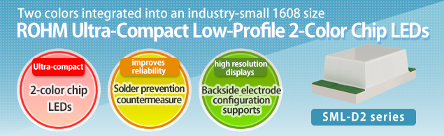 Two colors integrated into an industry-small 1608 size ROHM Ultra-Compact Low-Profile 2-Color Chip LEDs